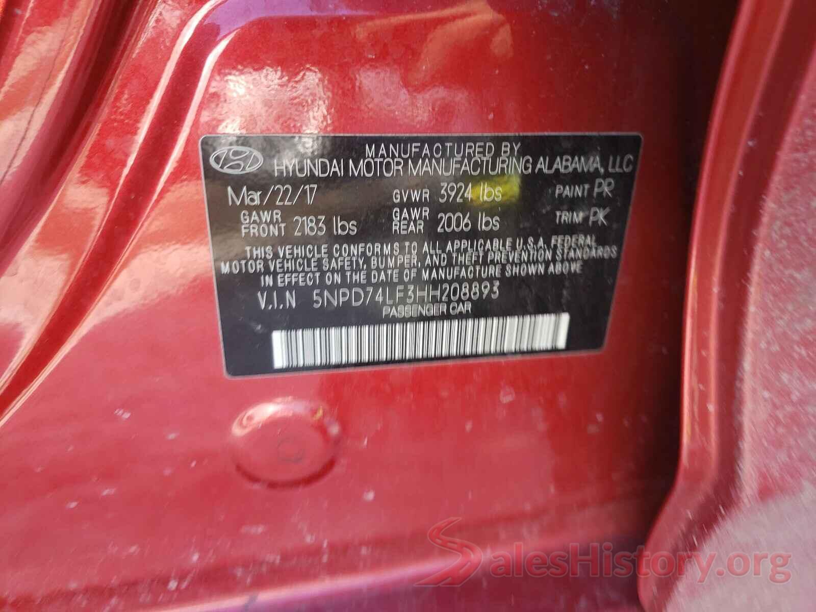 5NPD74LF3HH208893 2017 HYUNDAI ELANTRA