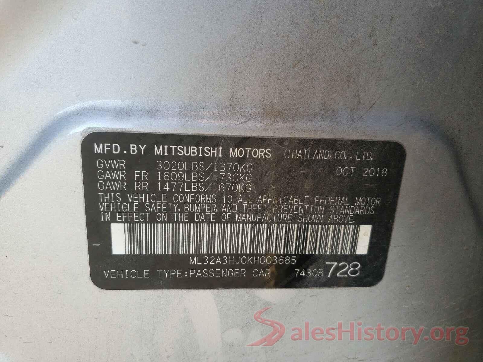 ML32A3HJ0KH003685 2019 MITSUBISHI MIRAGE