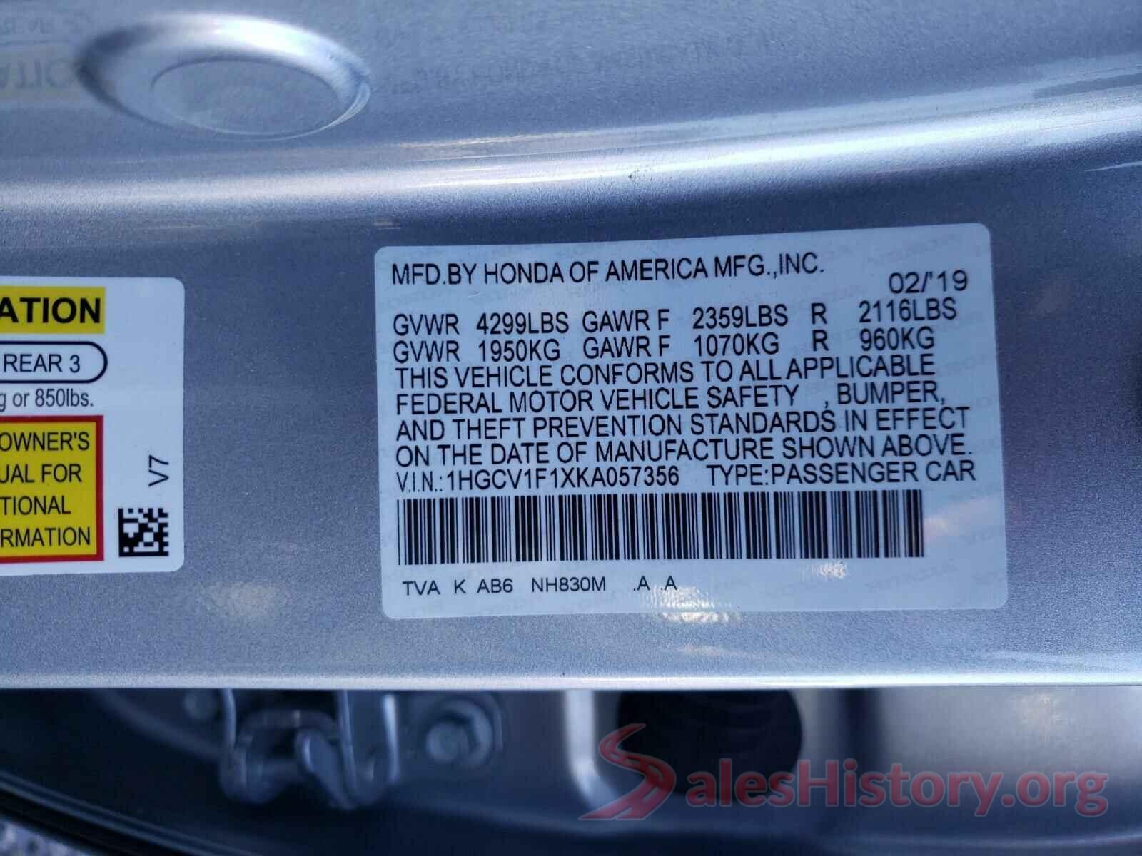 1HGCV1F1XKA057356 2019 HONDA ACCORD