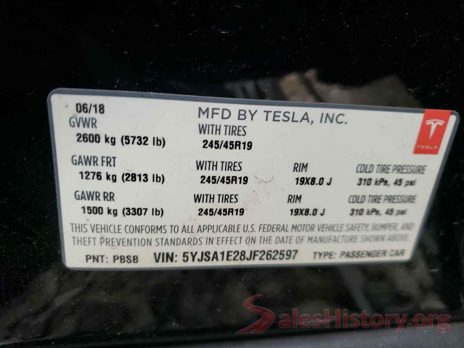 5YJSA1E28JF262597 2018 TESLA MODEL S