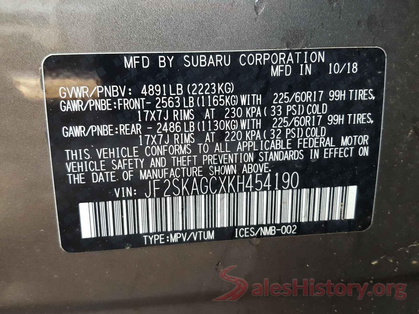 JF2SKAGCXKH454190 2019 SUBARU FORESTER