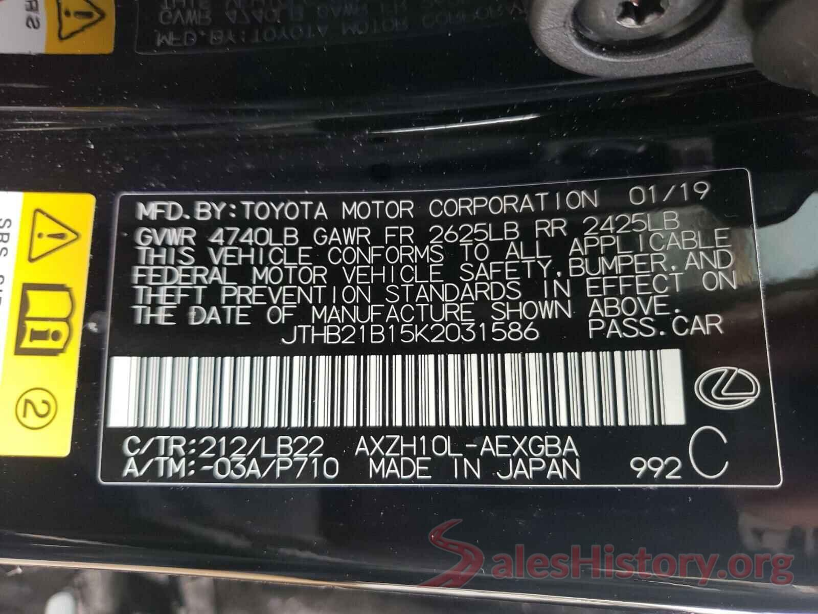 JTHB21B15K2031586 2019 LEXUS ES300