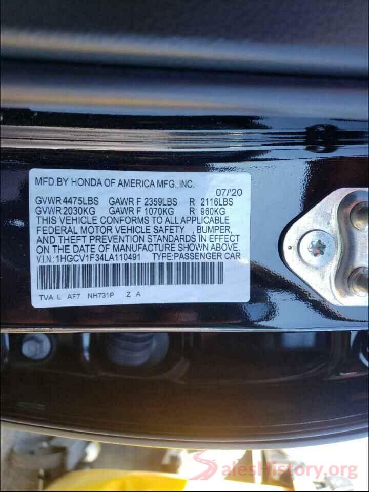 1HGCV1F34LA110491 2020 HONDA ACCORD