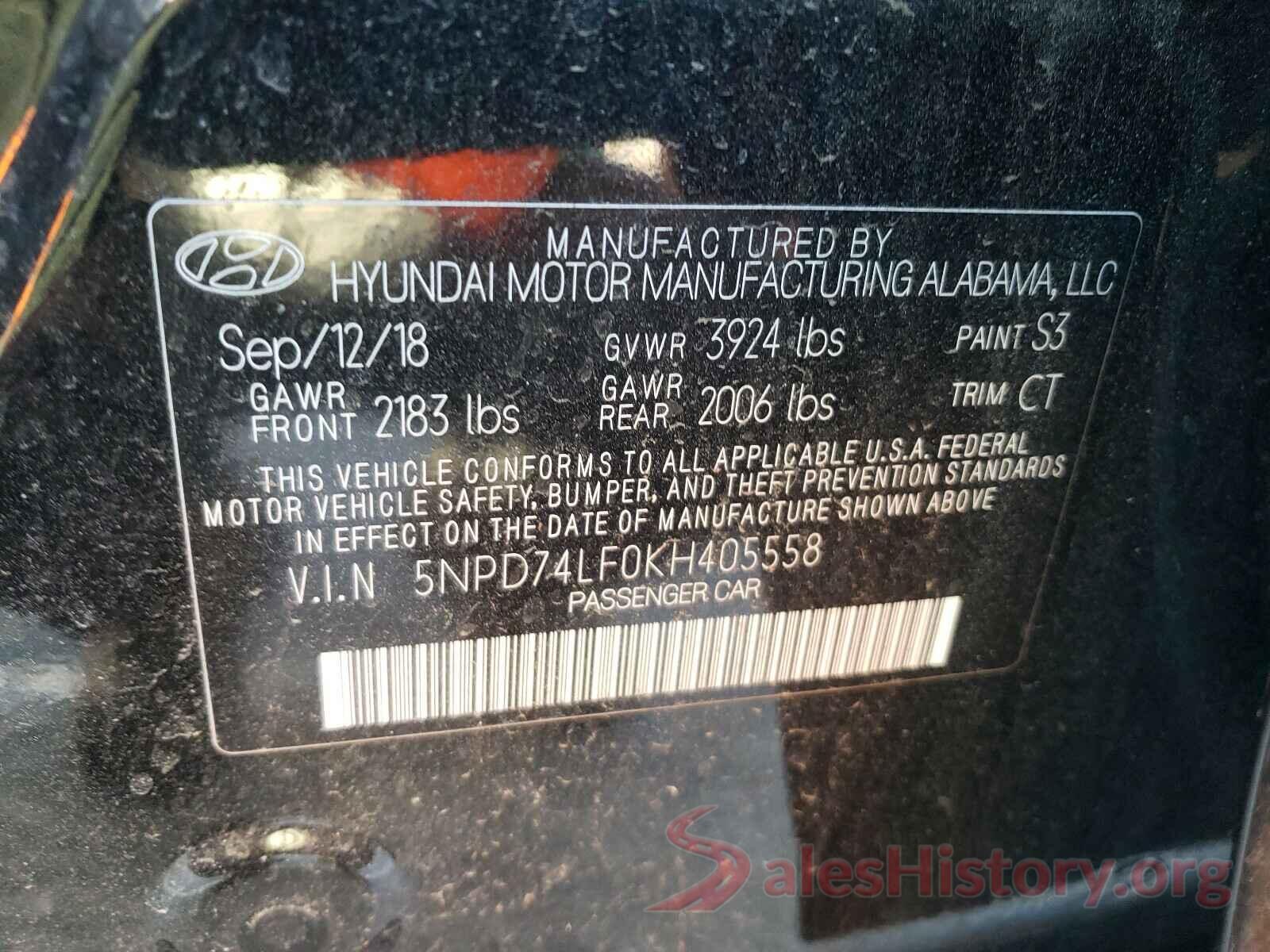 5NPD74LF0KH405558 2019 HYUNDAI ELANTRA