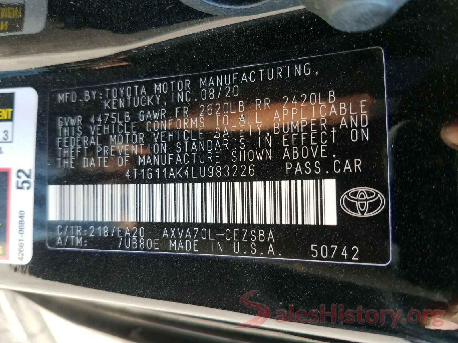 4T1G11AK4LU983226 2020 TOYOTA CAMRY