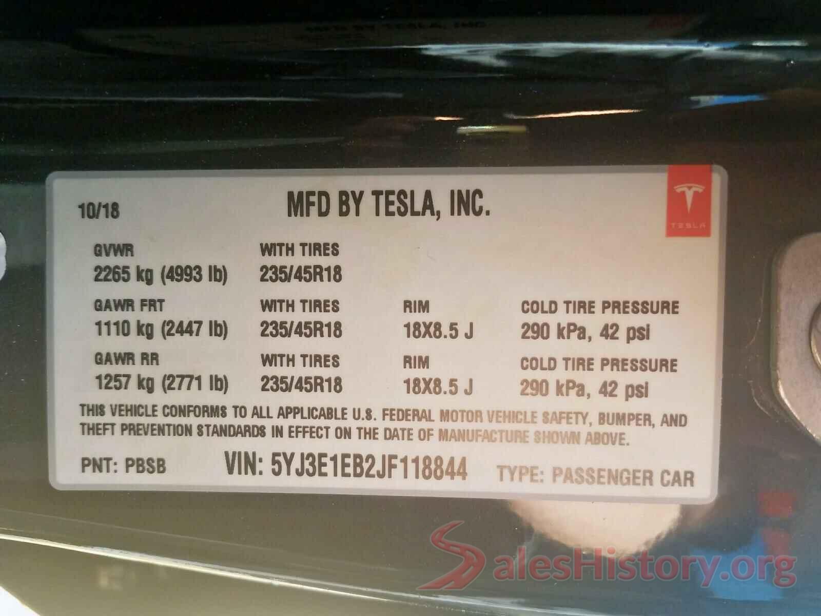 5YJ3E1EB2JF118844 2018 TESLA MODEL 3