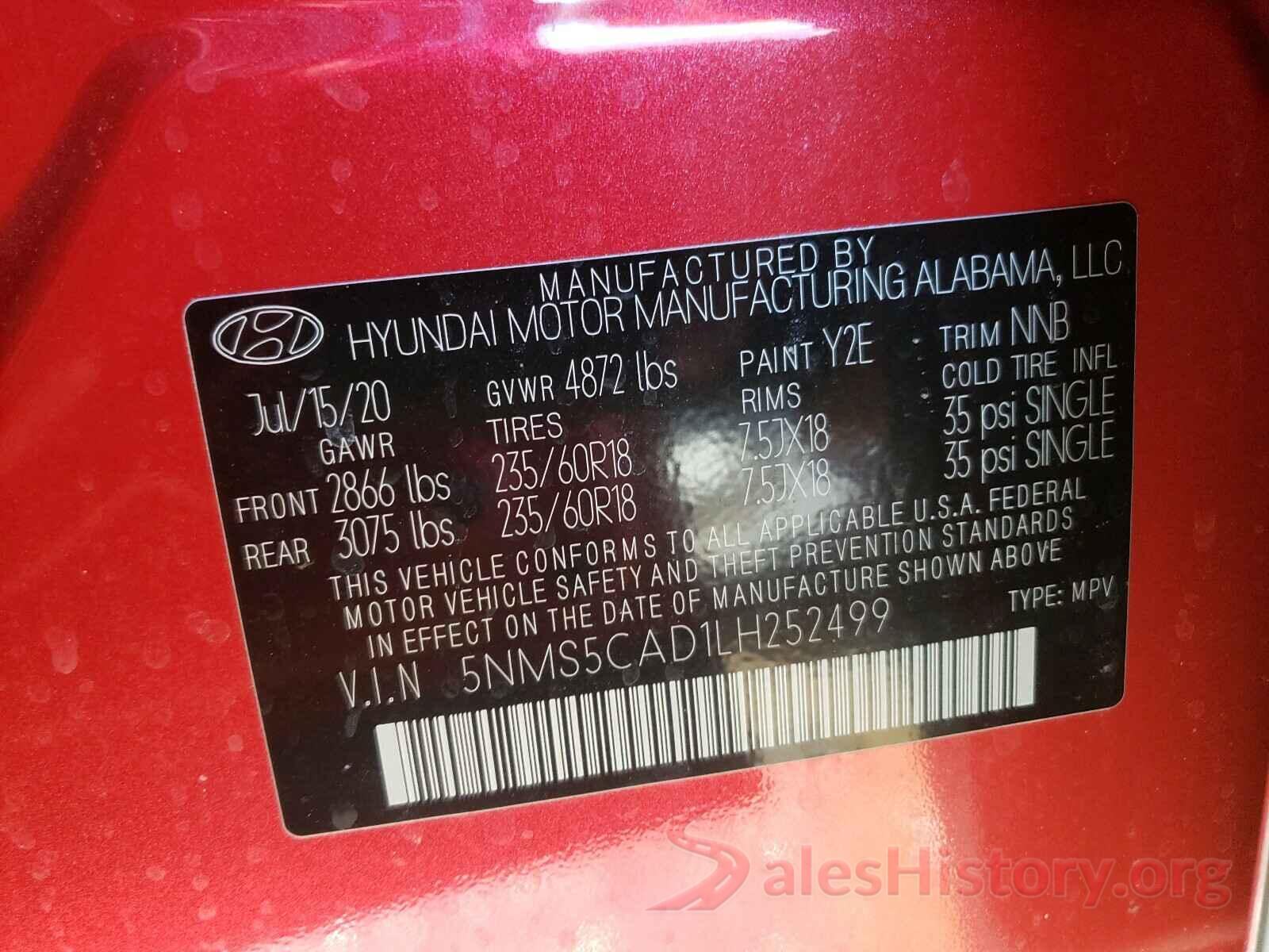 5NMS5CAD1LH252499 2020 HYUNDAI SANTA FE