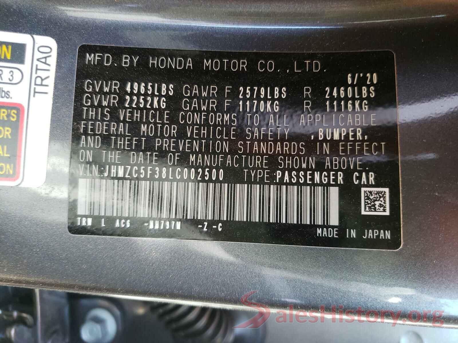 JHMZC5F38LC002500 2020 HONDA CLARITY