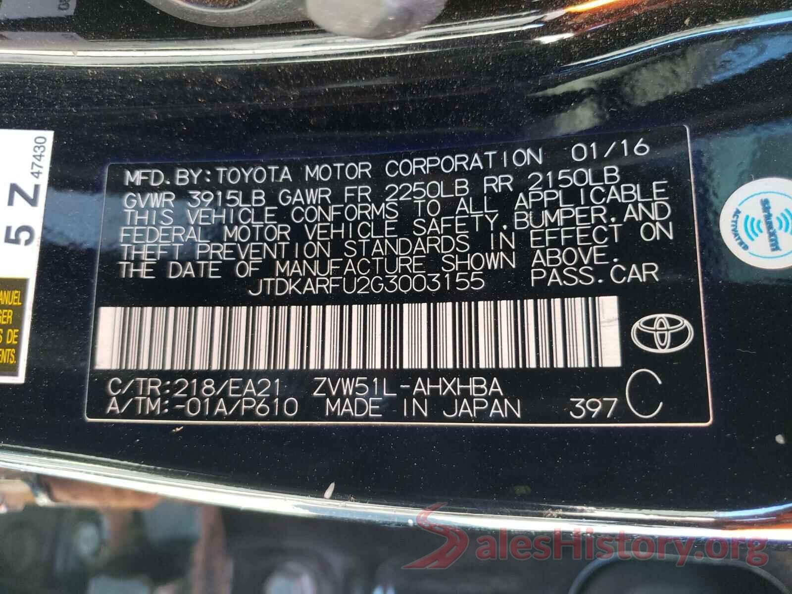 JTDKARFU2G3003155 2016 TOYOTA PRIUS