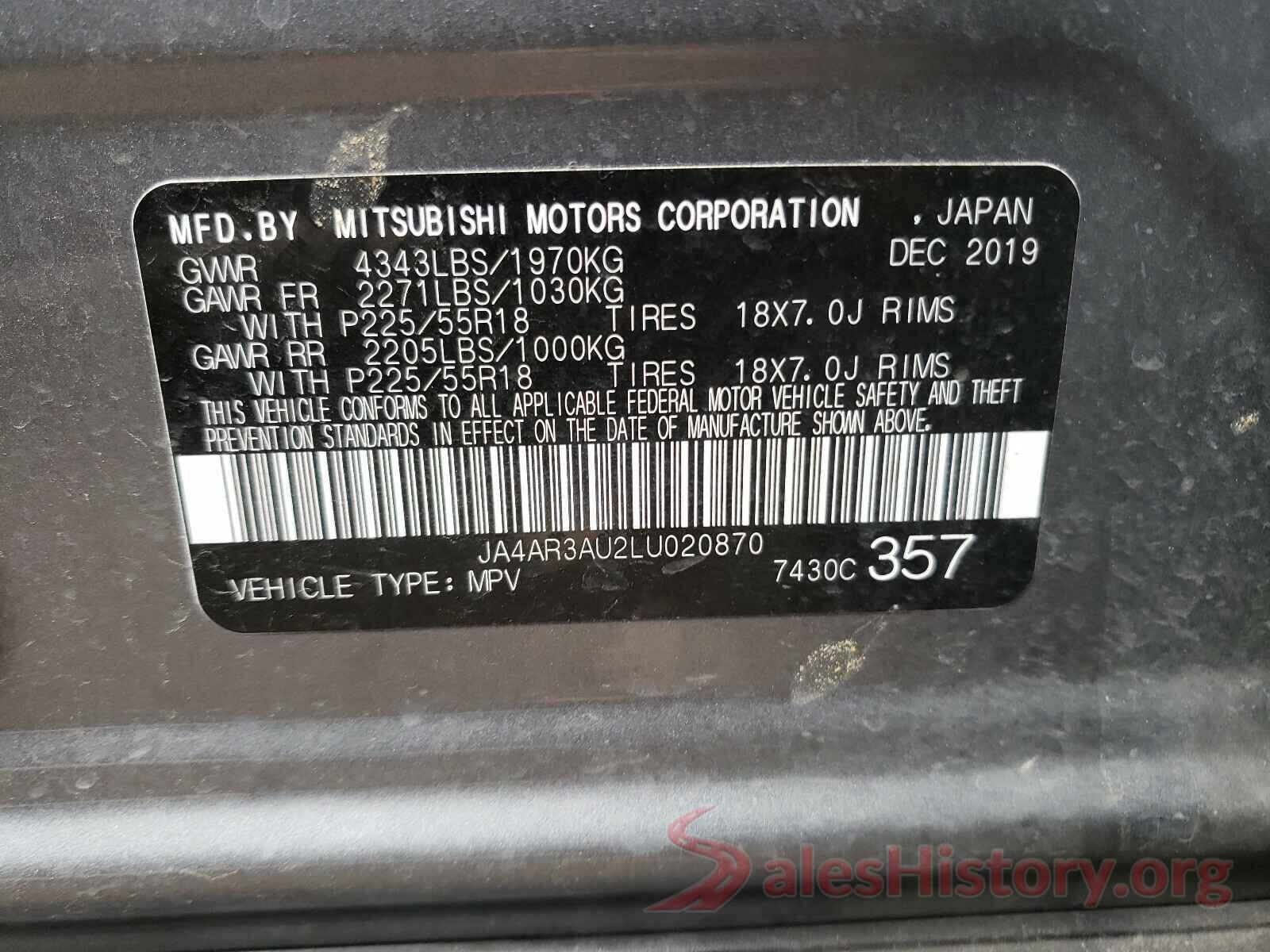 JA4AR3AU2LU020870 2020 MITSUBISHI OUTLANDER