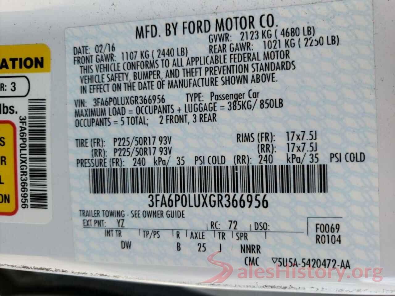 3FA6P0LUXGR366956 2016 FORD FUSION