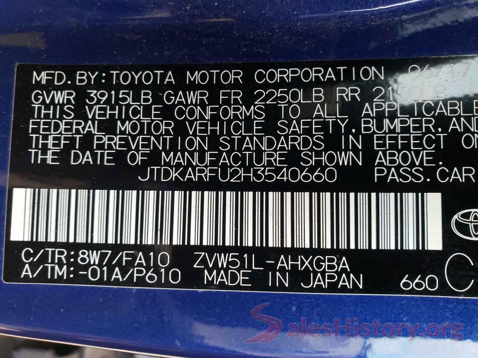 JTDKARFU2H3540660 2017 TOYOTA PRIUS