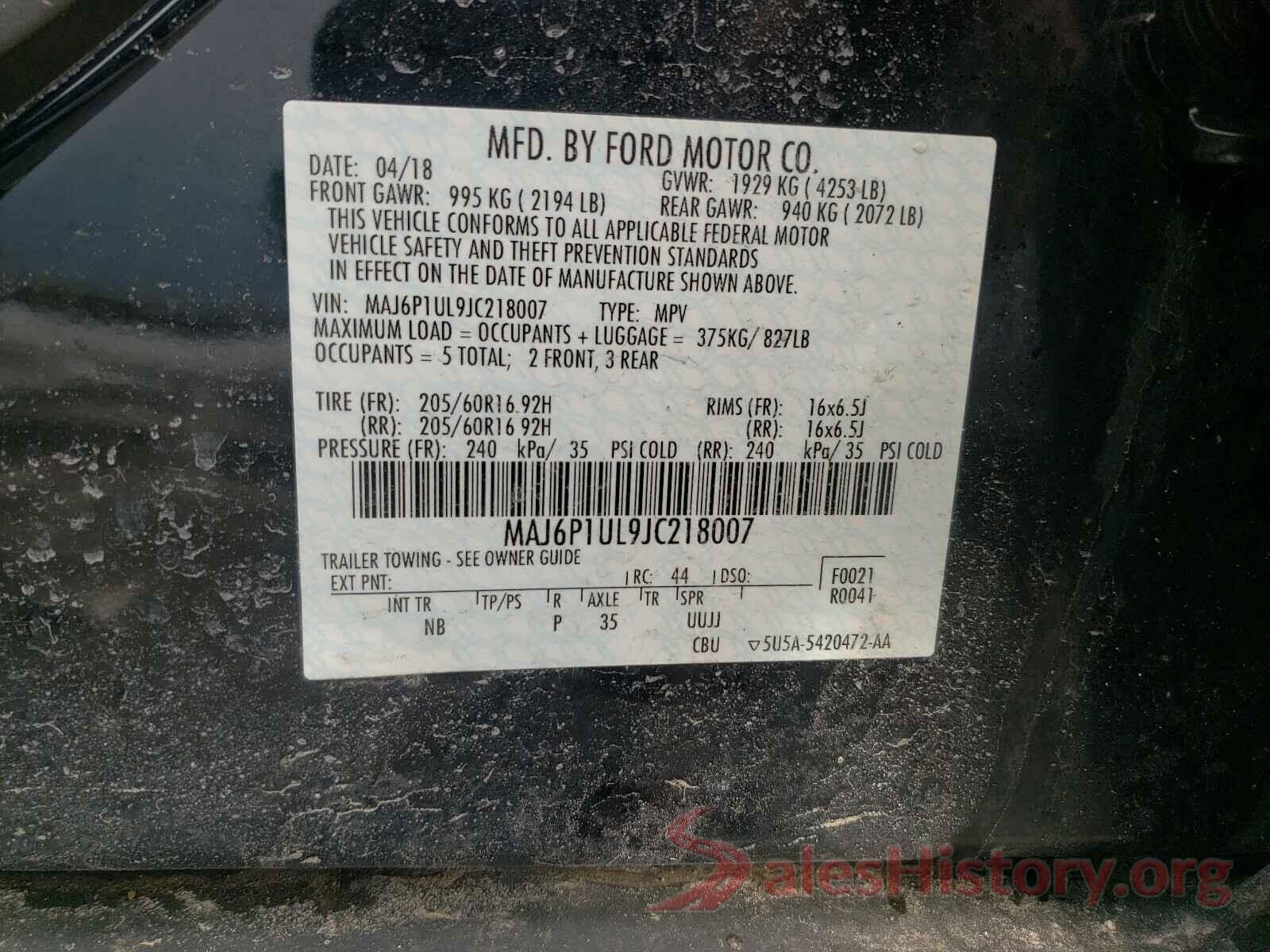 MAJ6P1UL9JC218007 2018 FORD ALL OTHER