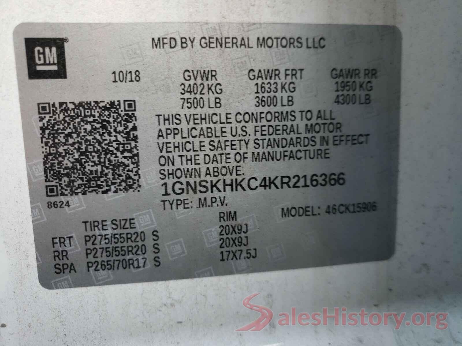 1GNSKHKC4KR216366 2019 CHEVROLET SUBURBAN