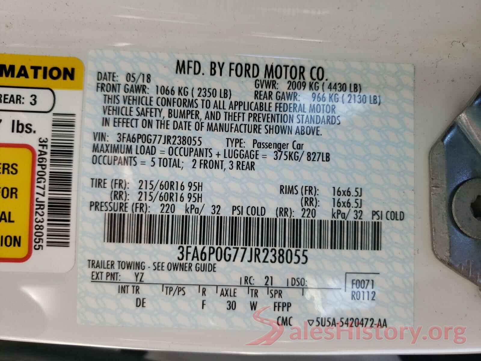 3FA6P0G77JR238055 2018 FORD FUSION