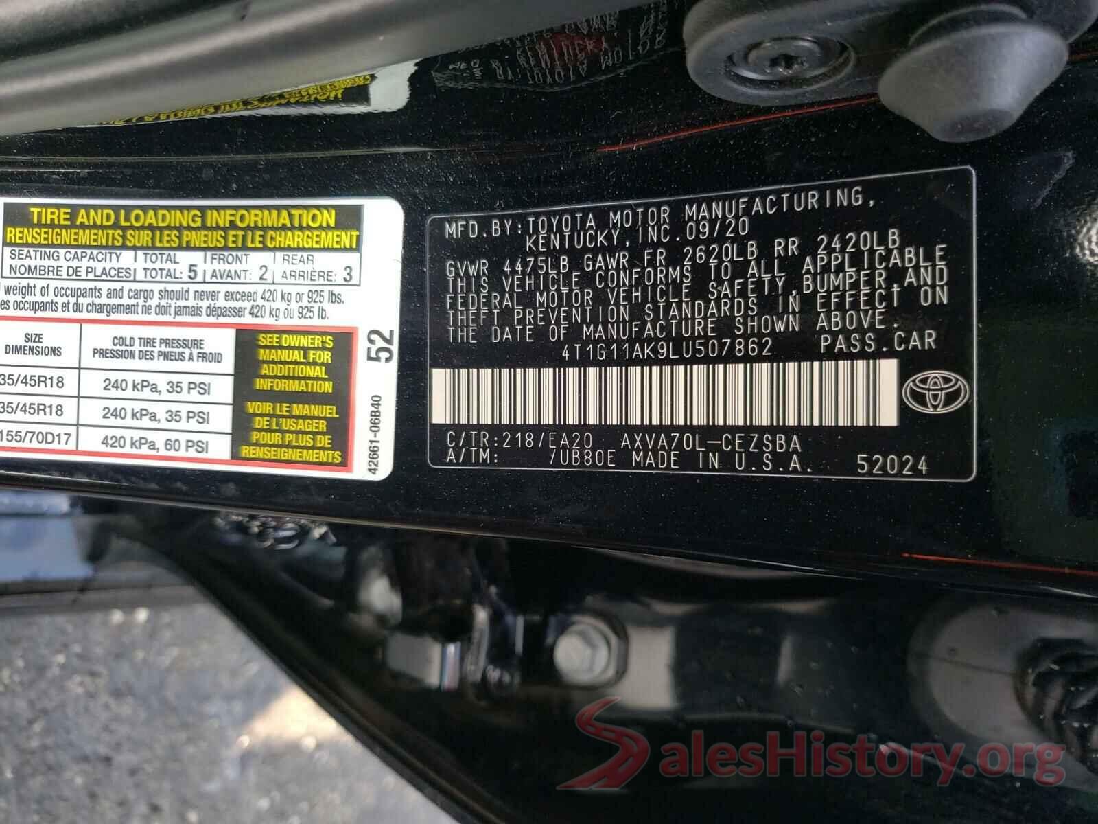 4T1G11AK9LU507862 2020 TOYOTA CAMRY