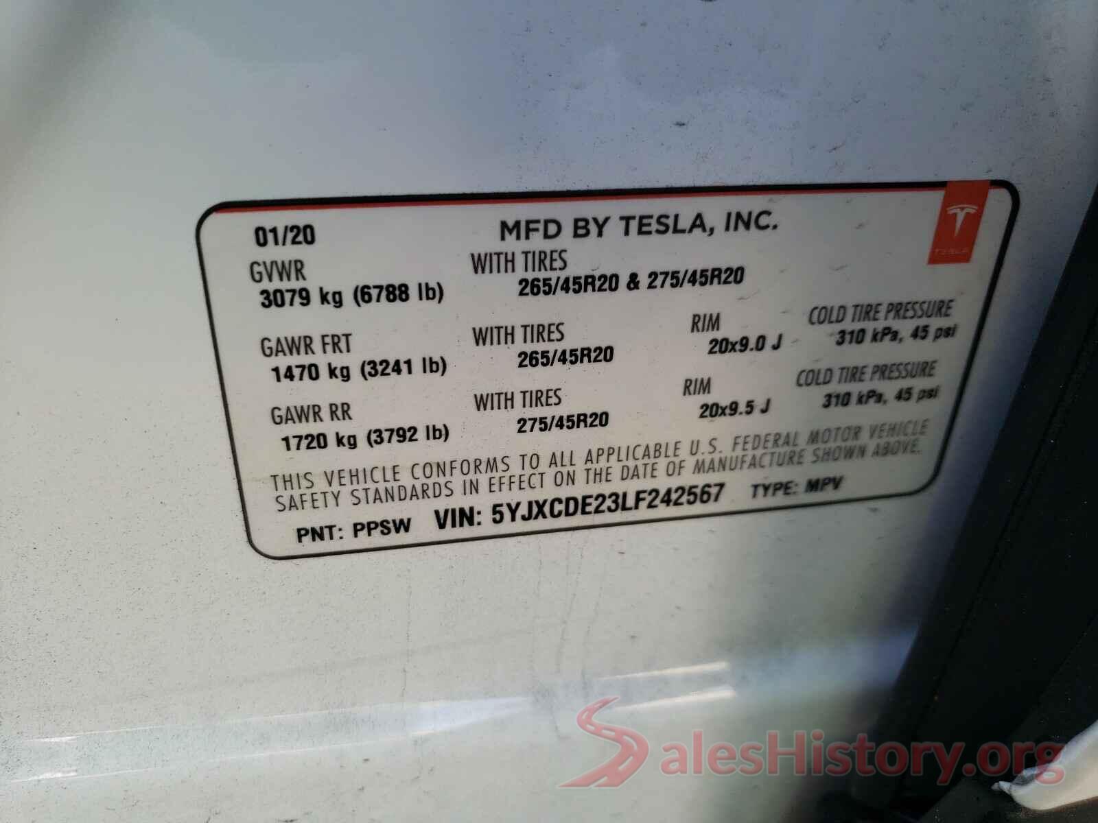 5YJXCDE23LF242567 2020 TESLA MODEL X