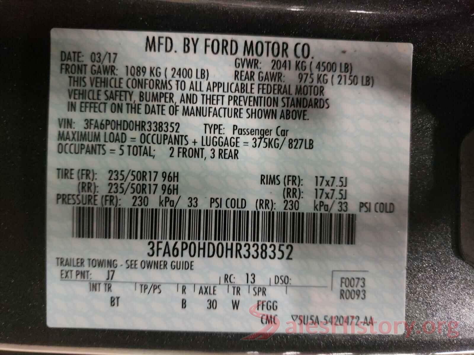 3FA6P0HD0HR338352 2017 FORD FUSION