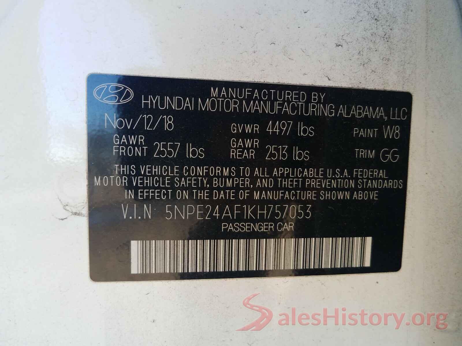 5NPE24AF1KH757053 2019 HYUNDAI SONATA