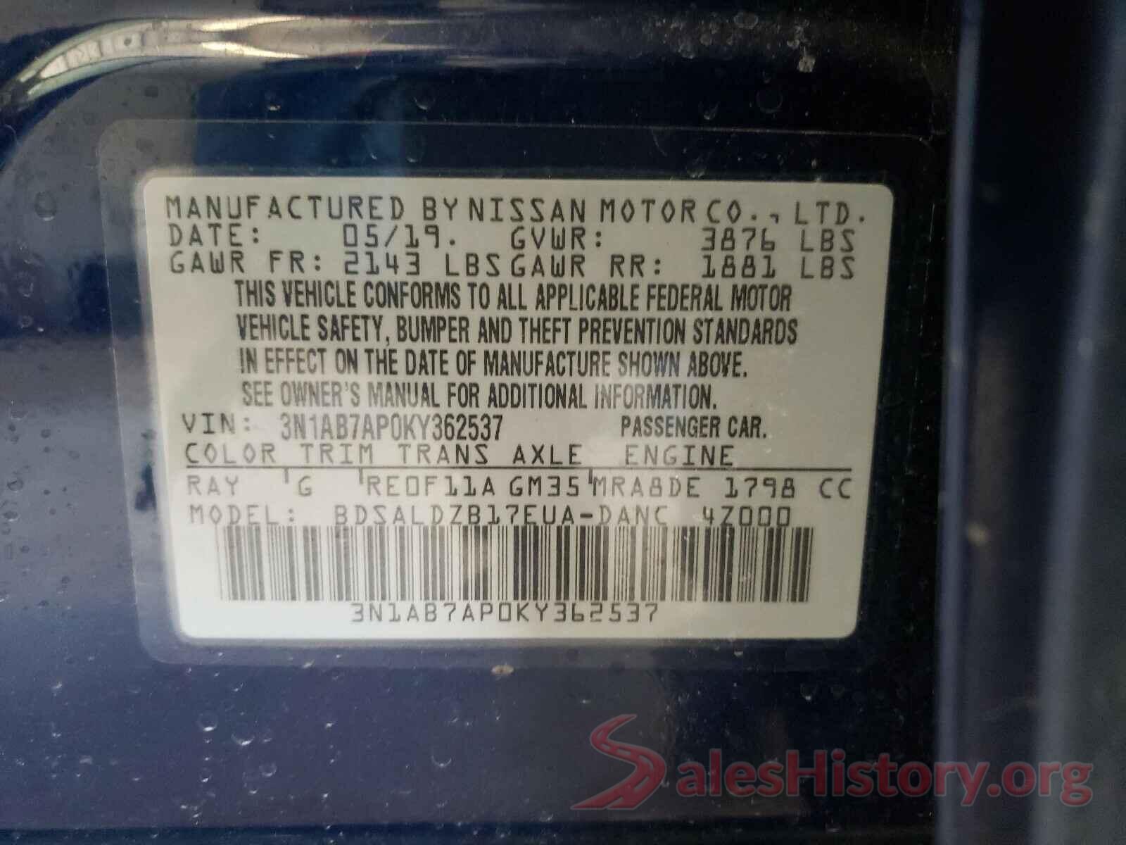 3N1AB7AP0KY362537 2019 NISSAN SENTRA