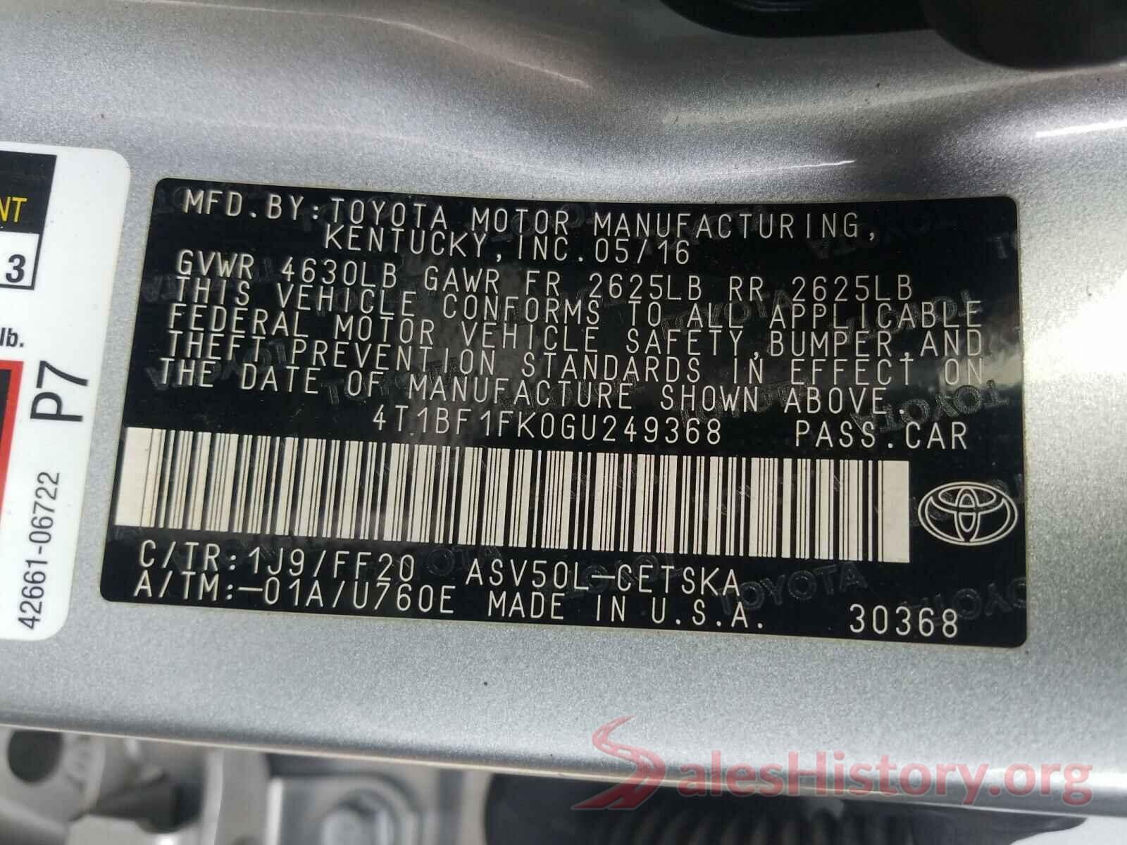 4T1BF1FK0GU249368 2016 TOYOTA CAMRY