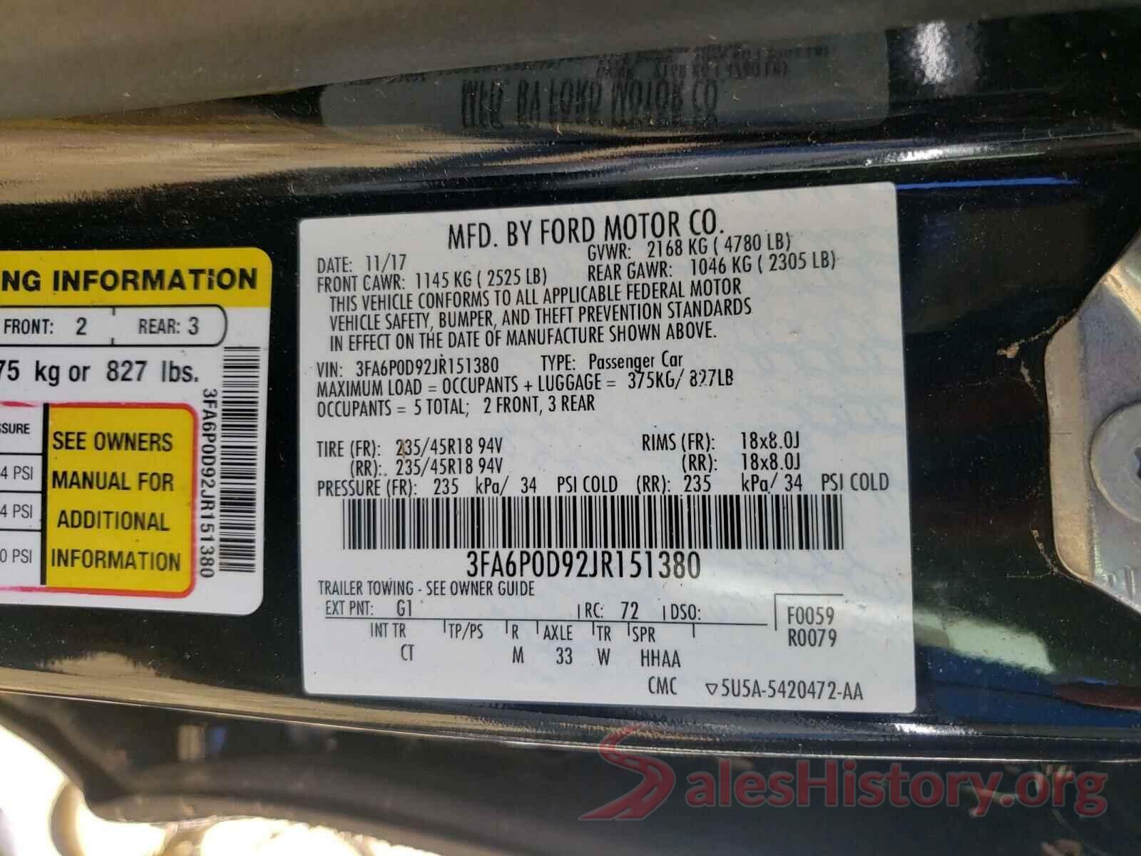 3FA6P0D92JR151380 2018 FORD FUSION