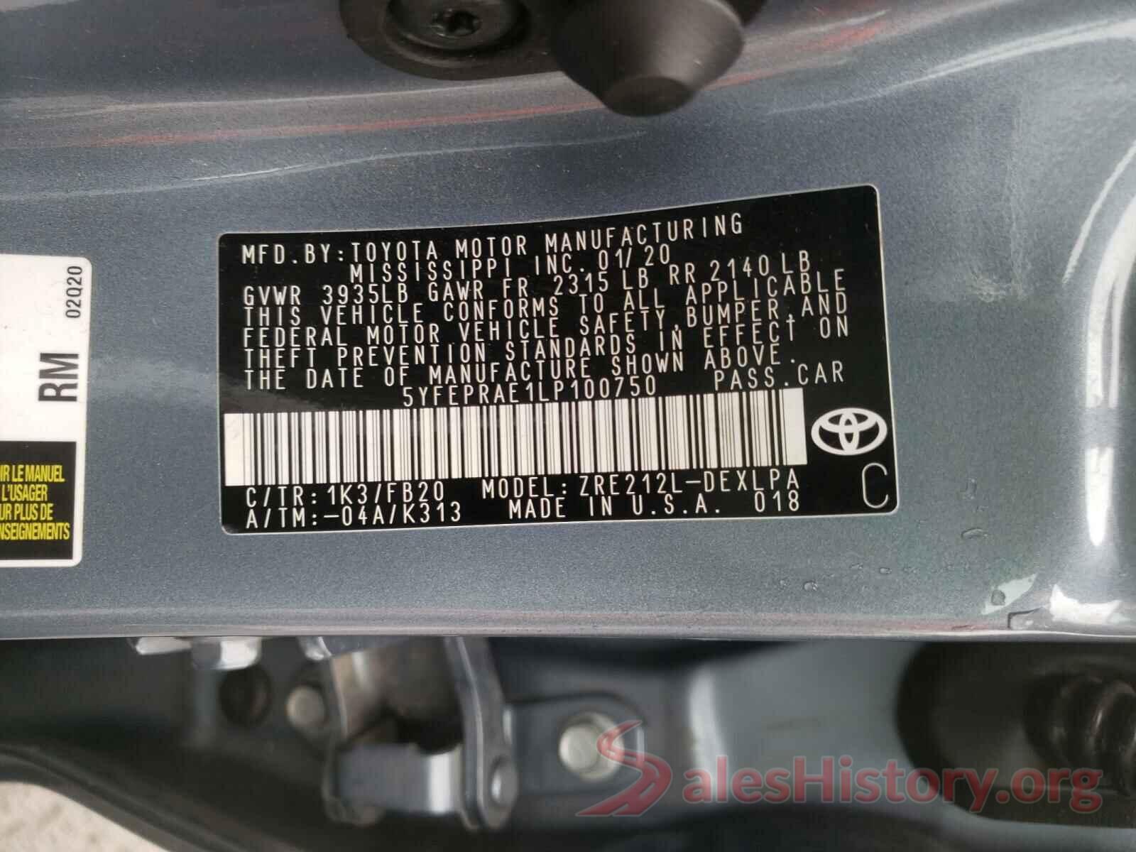 5YFEPRAE1LP100750 2020 TOYOTA COROLLA