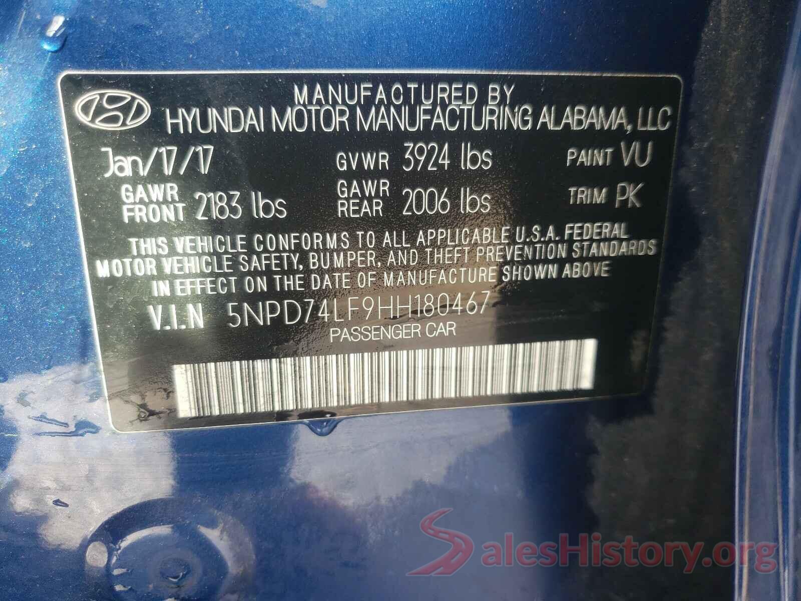 5NPD74LF9HH180467 2017 HYUNDAI ELANTRA