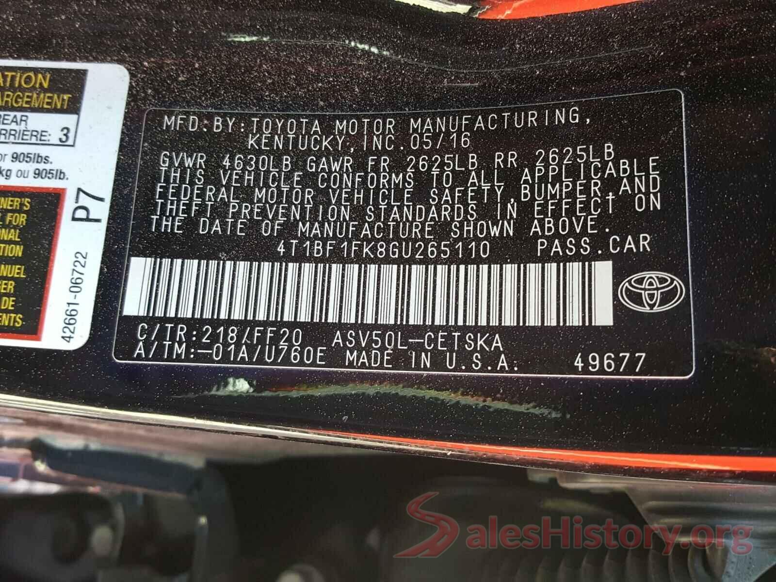 4T1BF1FK8GU265110 2016 TOYOTA CAMRY