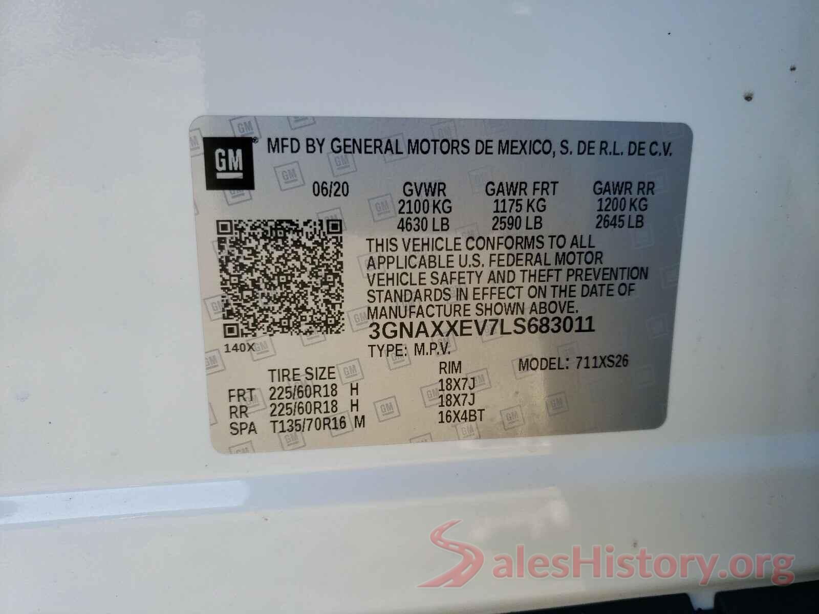 3GNAXXEV7LS683011 2020 CHEVROLET EQUINOX