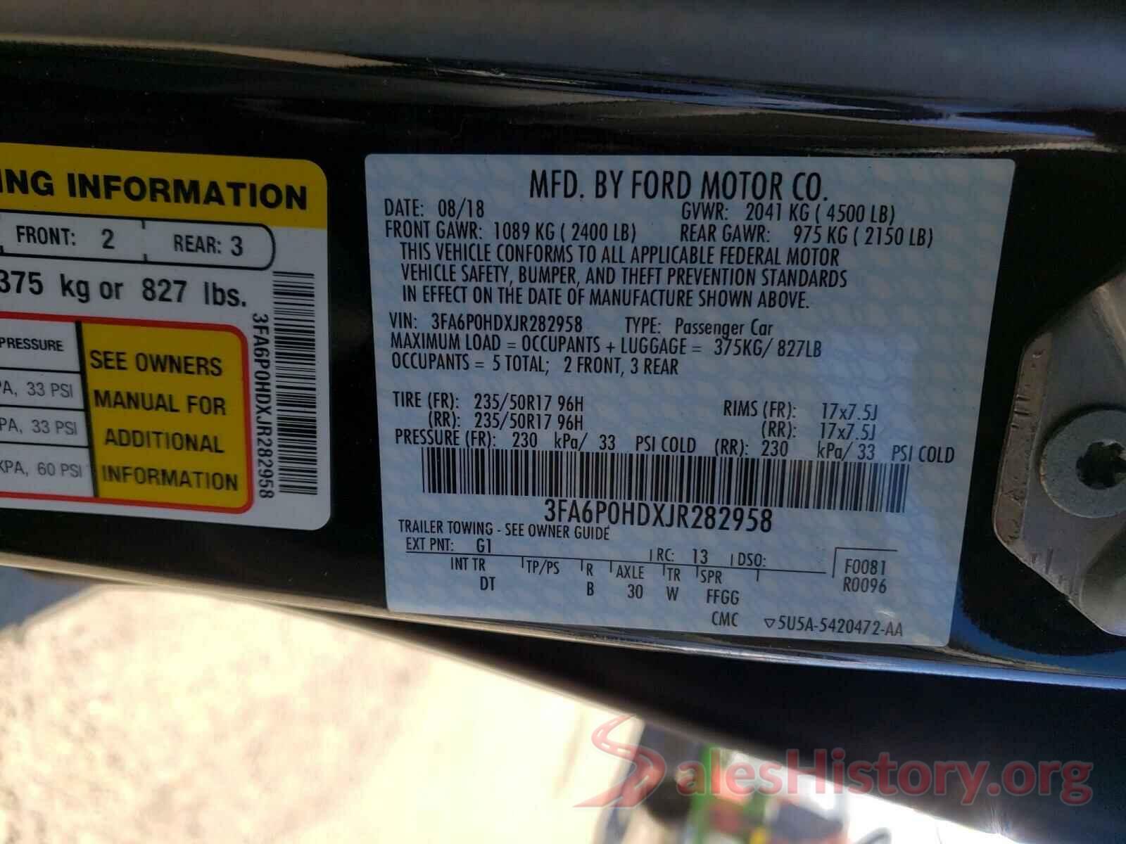 3FA6P0HDXJR282958 2018 FORD FUSION