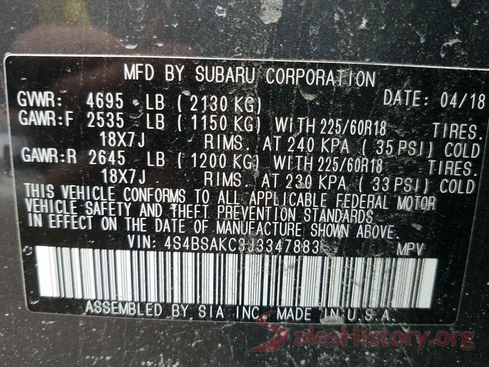 4S4BSAKC3J3347883 2018 SUBARU OUTBACK