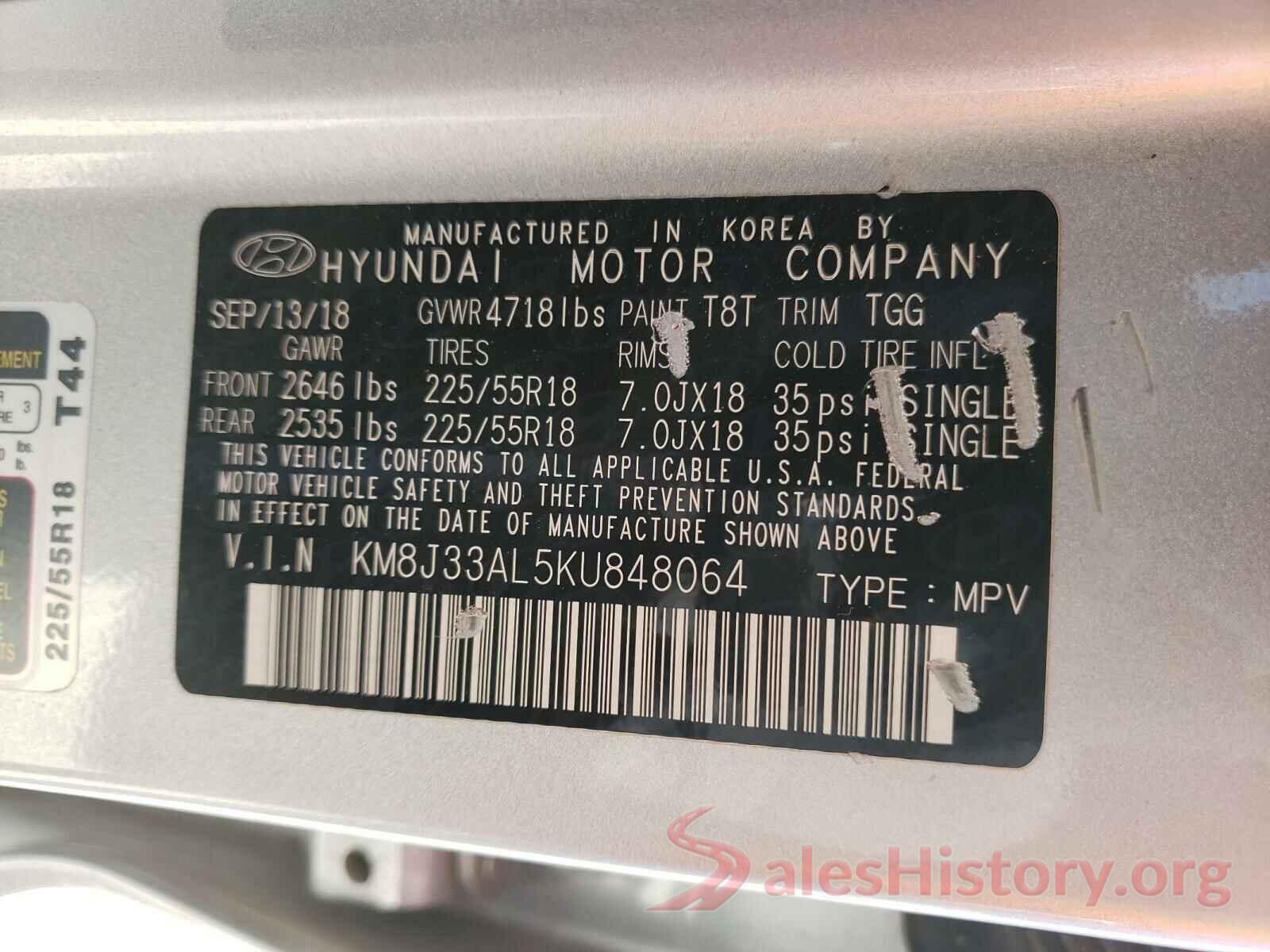 KM8J33AL5KU848064 2019 HYUNDAI TUCSON