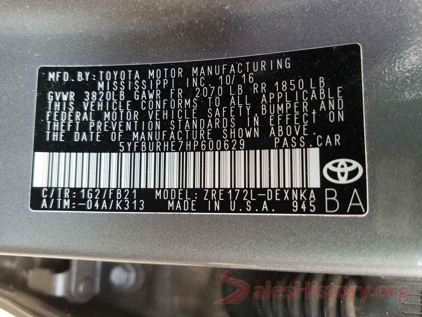 5YFBURHE7HP600629 2017 TOYOTA COROLLA