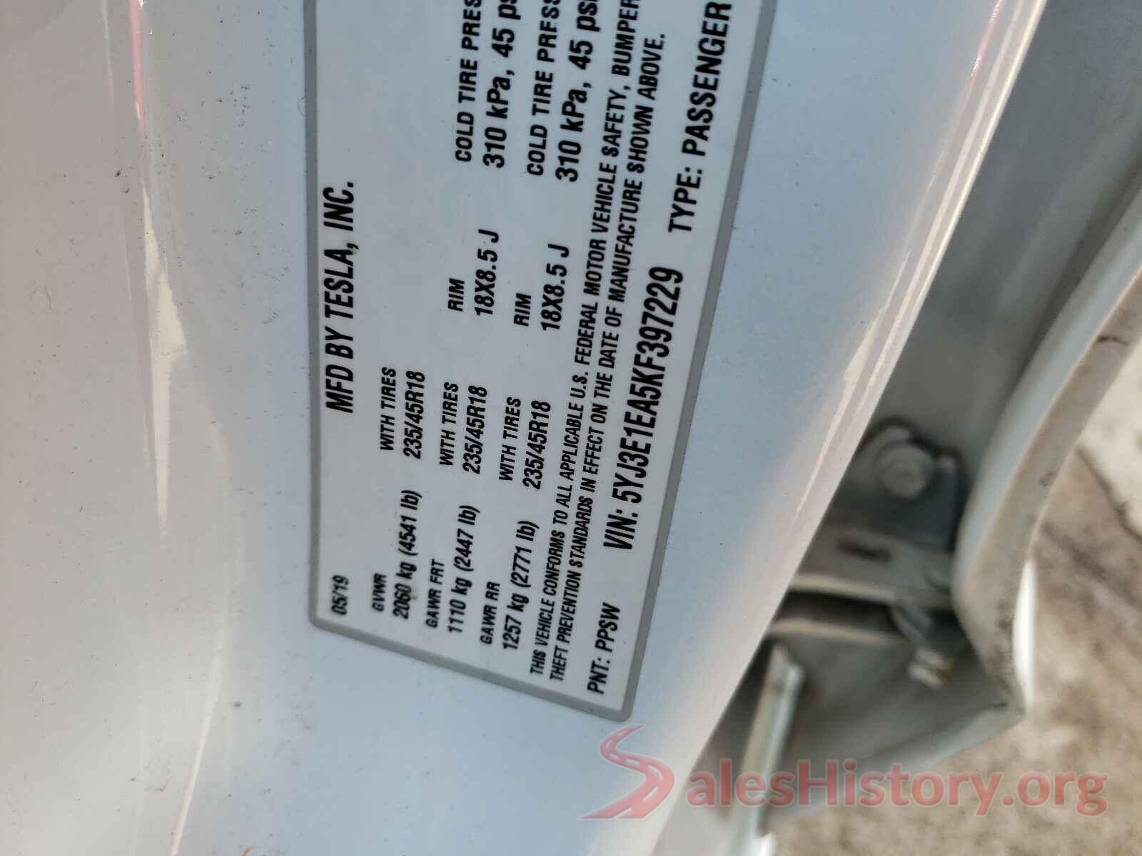 5YJ3E1EA5KF397229 2019 TESLA MODEL 3