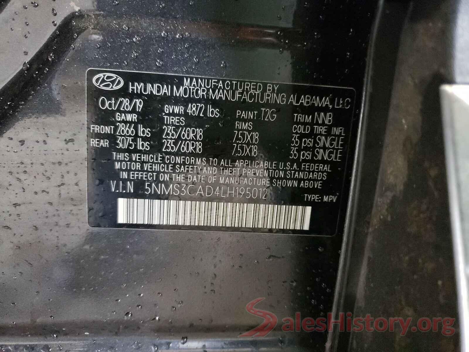 5NMS3CAD4LH195012 2020 HYUNDAI SANTA FE