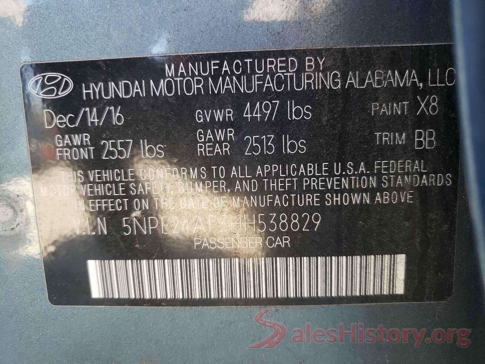 5NPE24AF3HH538829 2017 HYUNDAI SONATA