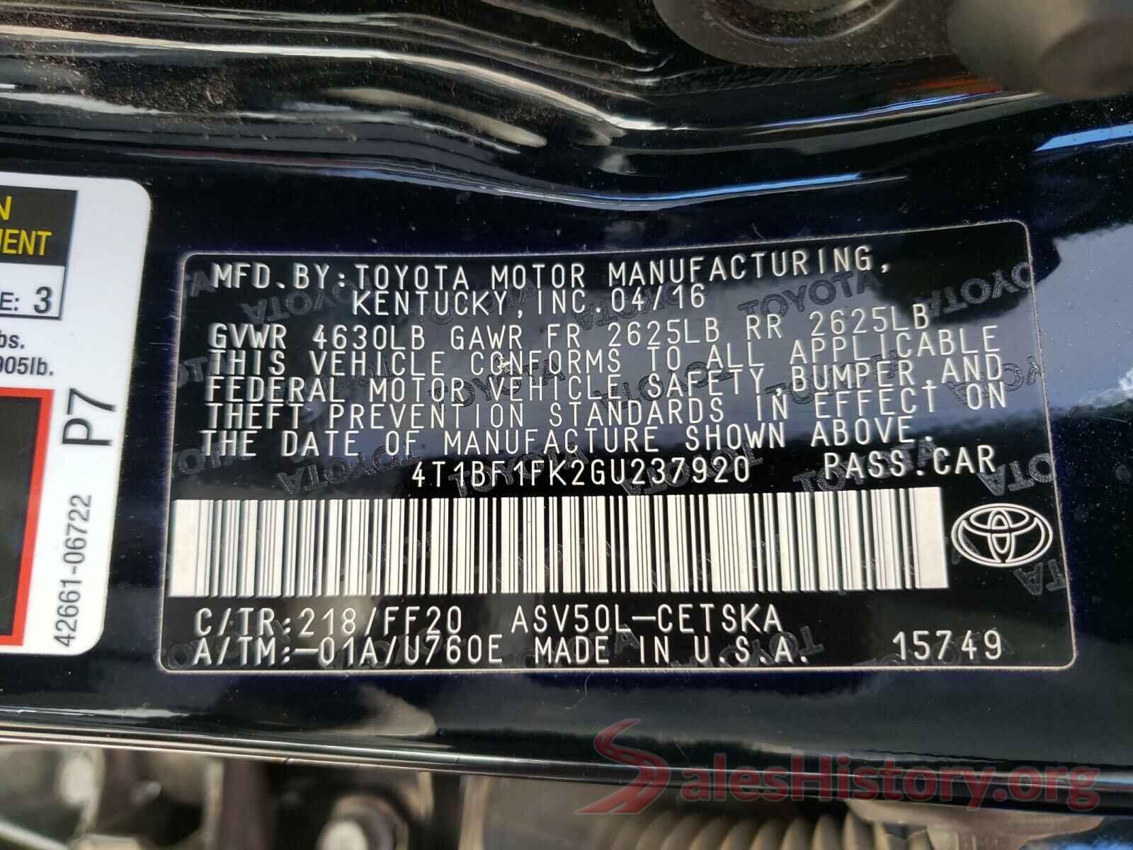 4T1BF1FK2GU237920 2016 TOYOTA CAMRY