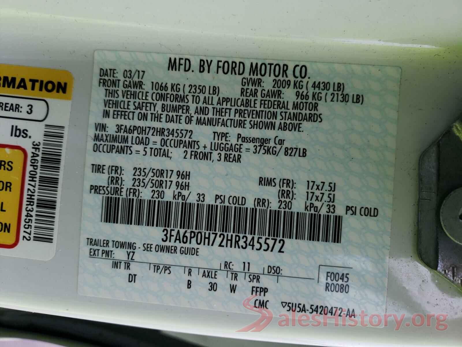 3FA6P0H72HR345572 2017 FORD FUSION