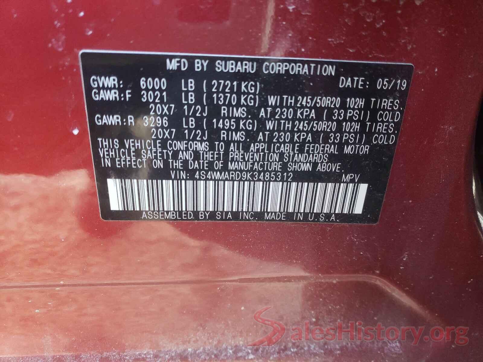 4S4WMARD9K3485312 2019 SUBARU ALL MODELS