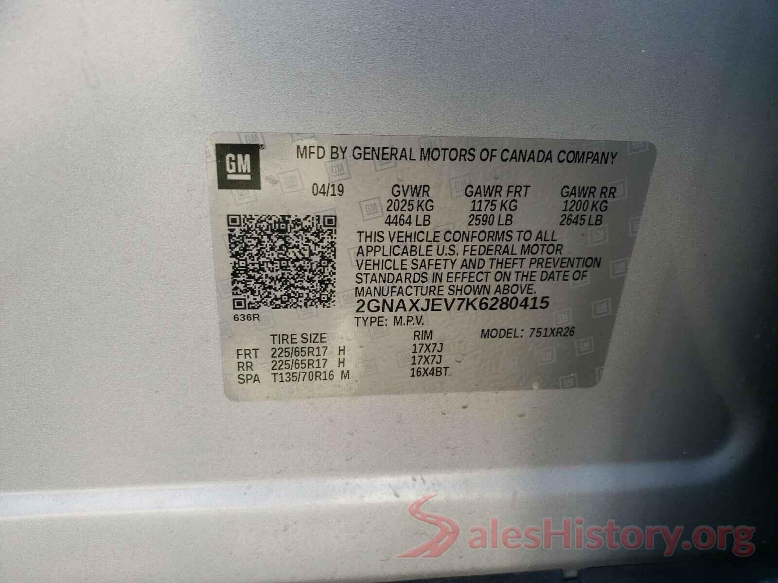 2GNAXJEV7K6280415 2019 CHEVROLET EQUINOX