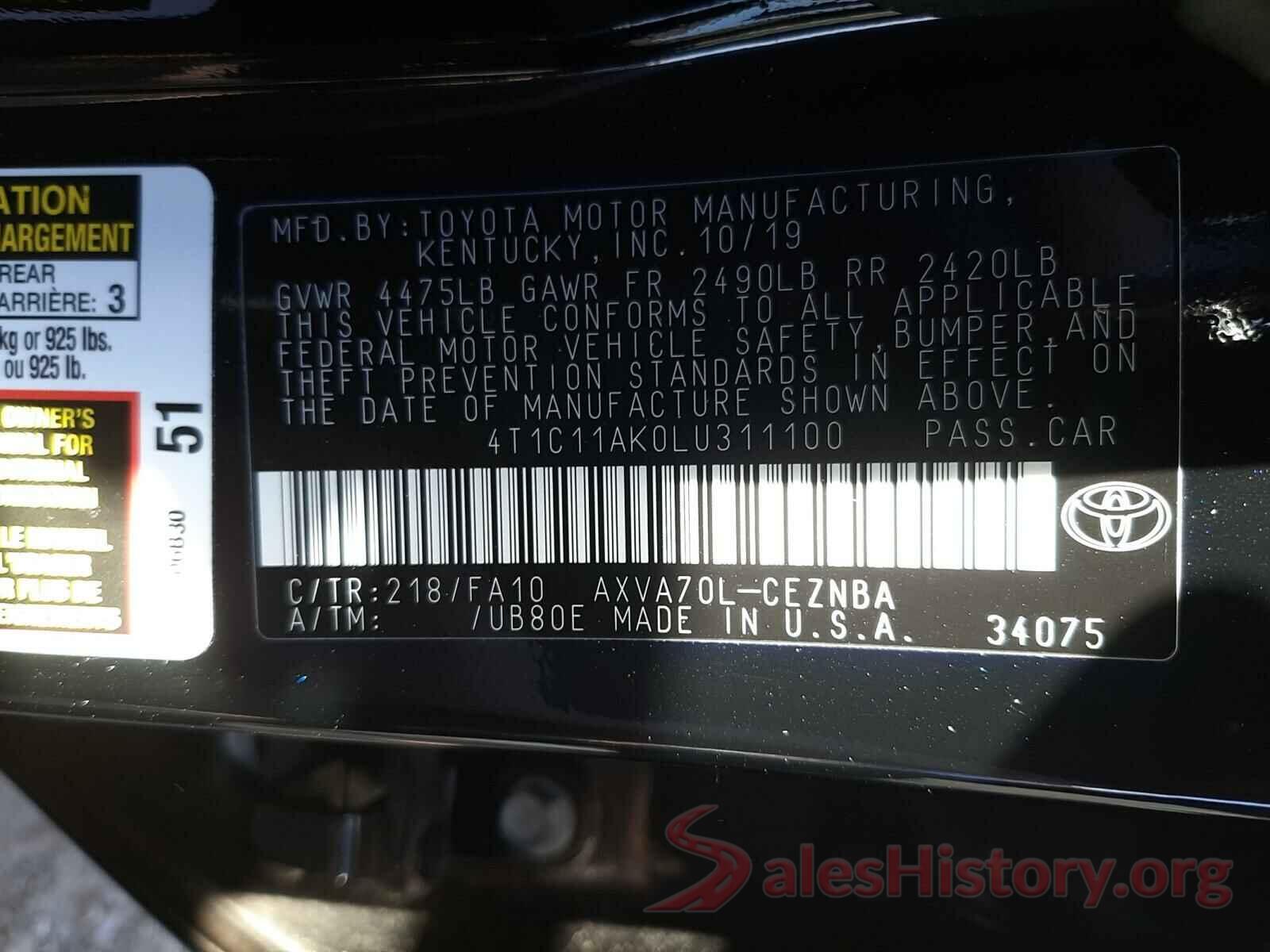 4T1C11AK0LU311100 2020 TOYOTA CAMRY