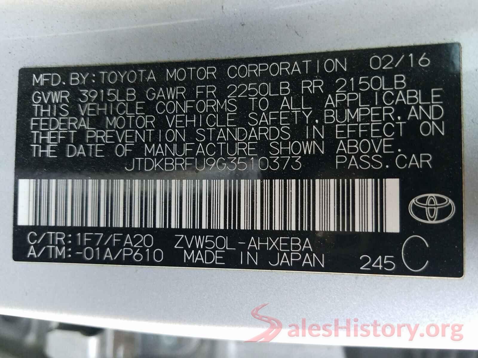 JTDKBRFU9G3510373 2016 TOYOTA PRIUS