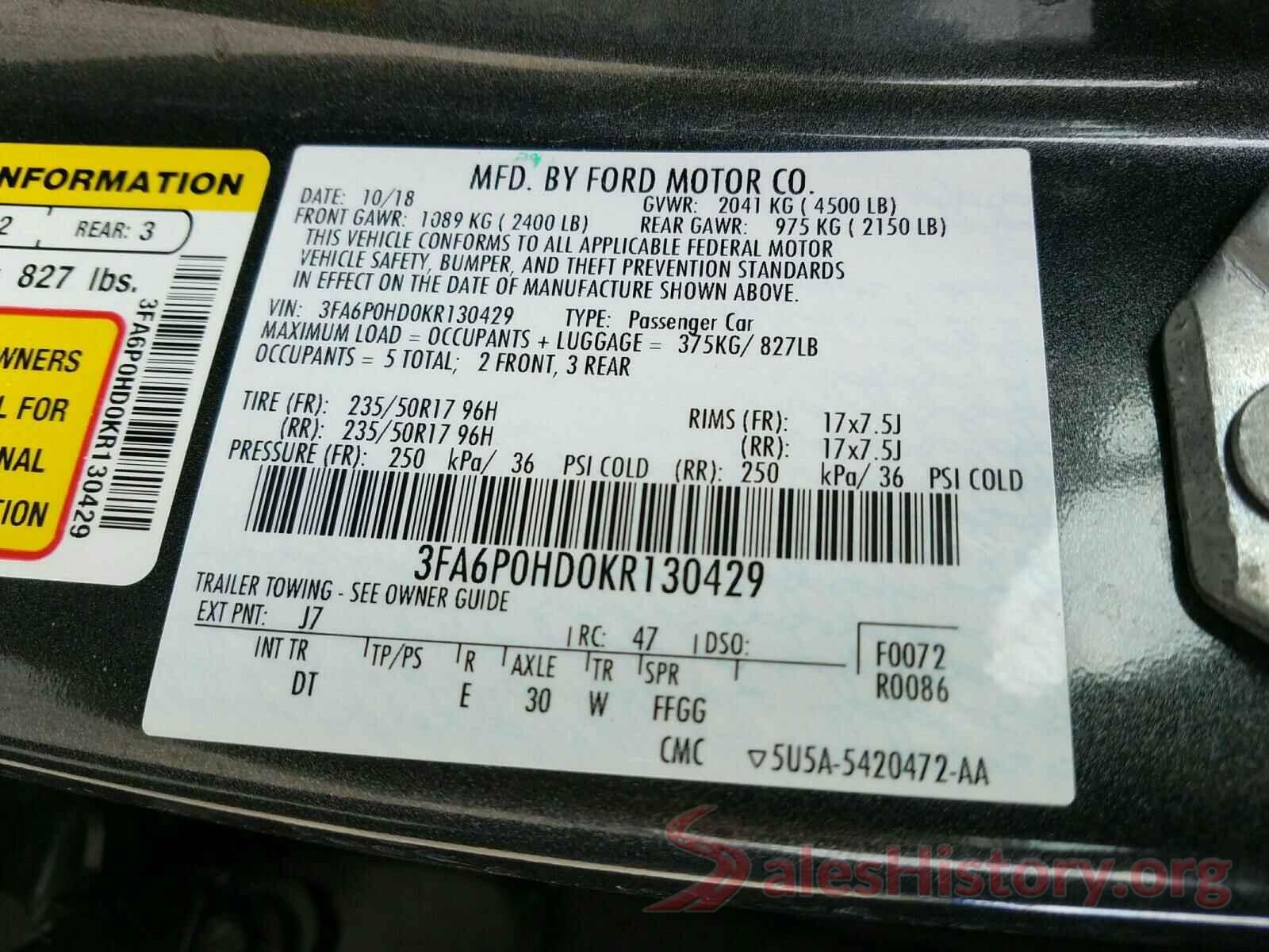 3FA6P0HD0KR130429 2019 FORD FUSION