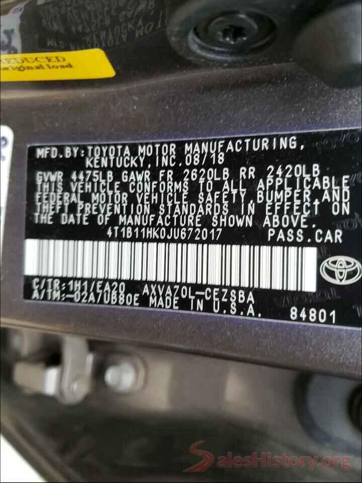 4T1B11HK0JU672017 2018 TOYOTA CAMRY