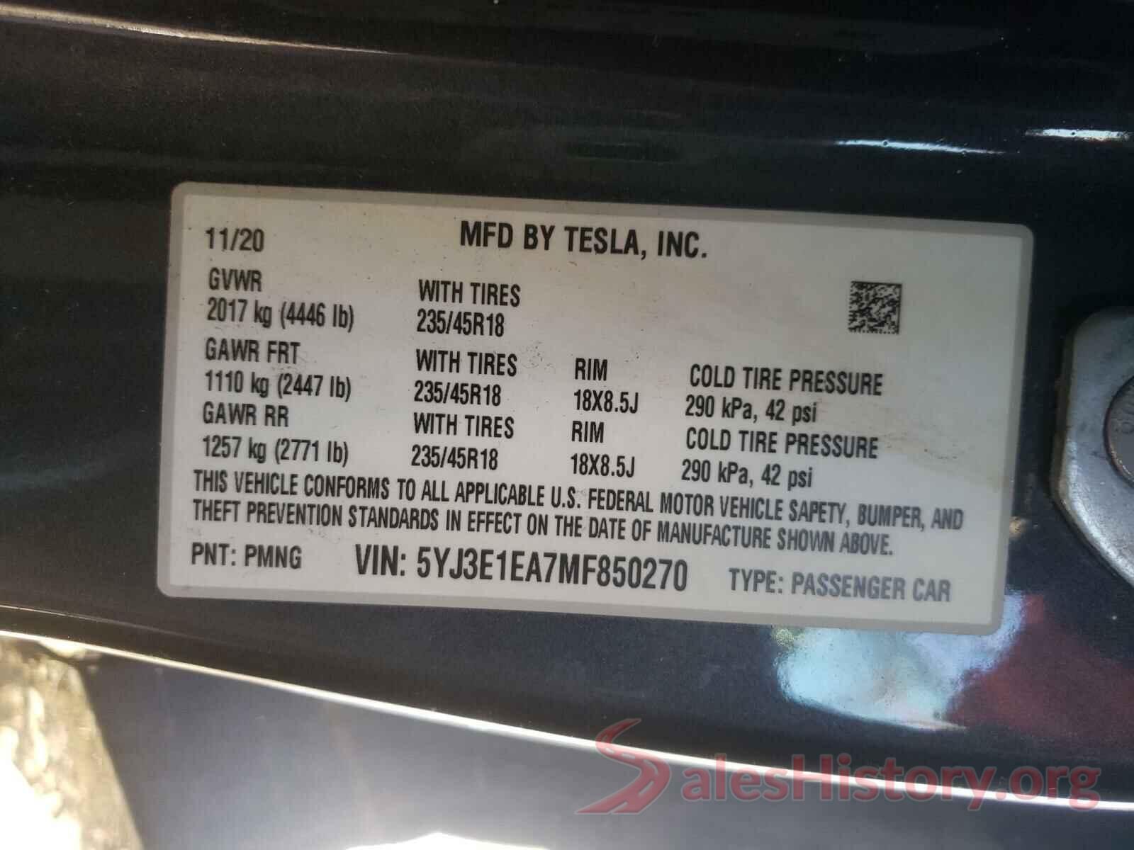 5YJ3E1EA7MF850270 2021 TESLA MODEL 3