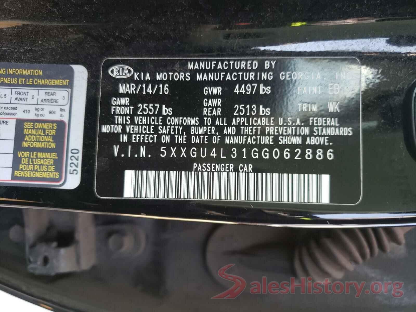 5XXGU4L31GG062886 2016 KIA OPTIMA