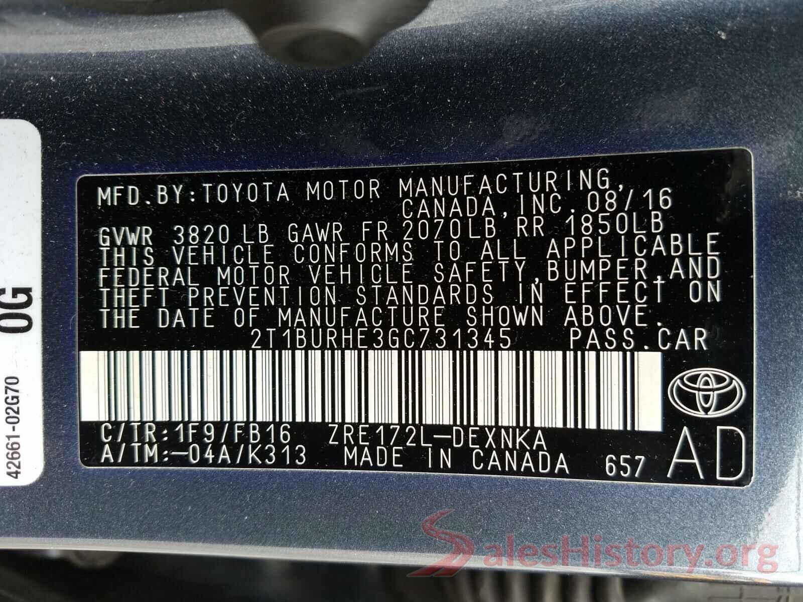 2T1BURHE3GC731345 2016 TOYOTA COROLLA