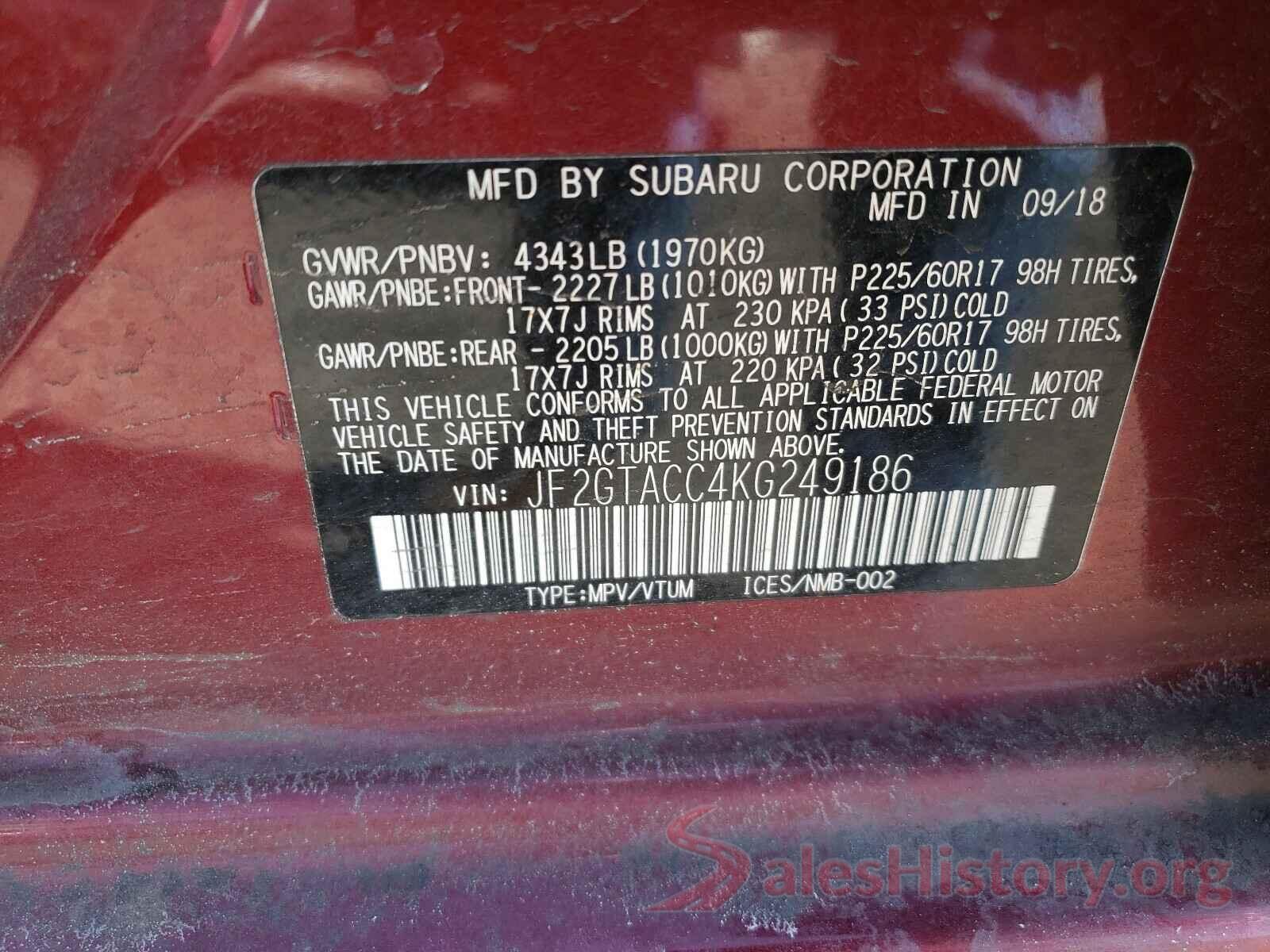 JF2GTACC4KG249186 2019 SUBARU CROSSTREK