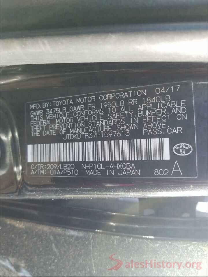 JTDKDTB37H1597613 2017 TOYOTA PRIUS